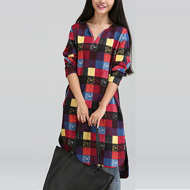 2015秋季新款韩版大码女装格子印花中长款套头针织衫长袖连衣裙