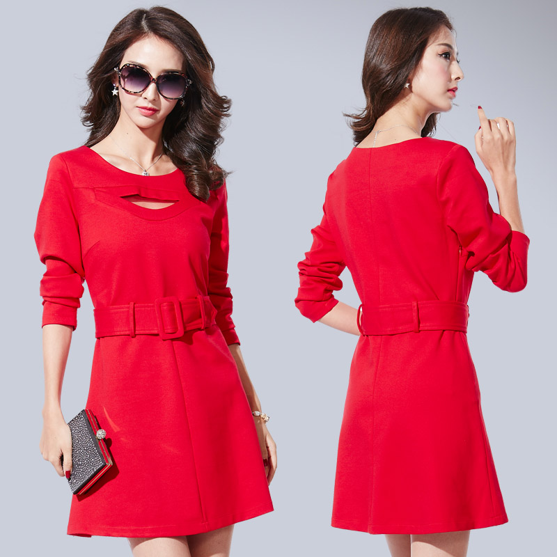 红颜媚影1596秋装款甜美小清新长袖圆领性感修身款显瘦打底连衣裙