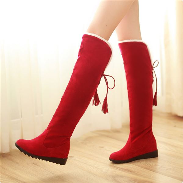 秋冬新款长筒磨砂红色女靴子3CM坡跟雪地靴休闲时尚高筒靴包邮靴