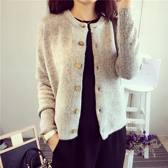 2015秋季新品韩版木扣纯色针织衫毛线长袖毛衣加厚开衫女装外套
