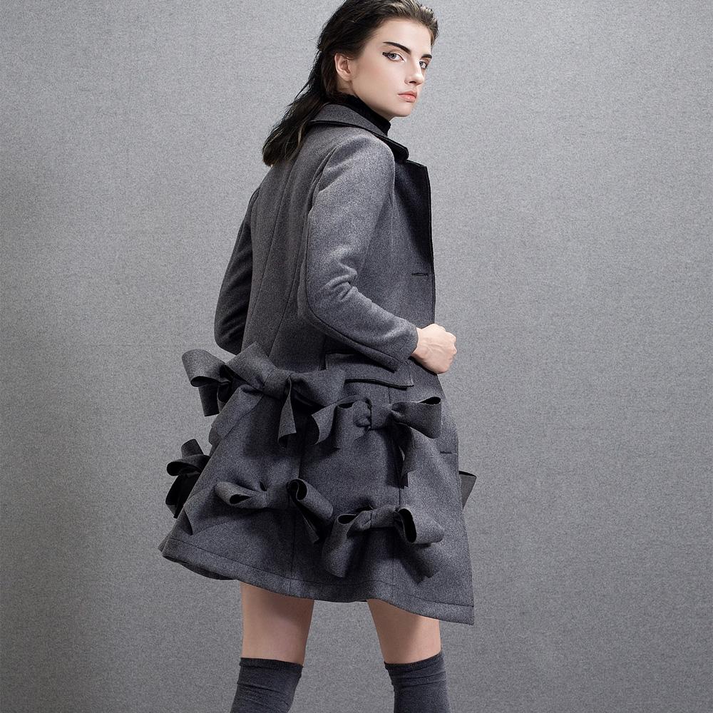 SYU HAN 原创设计 羊毛混纺复合双层面料挺括手工蝴蝶结呢子大衣
