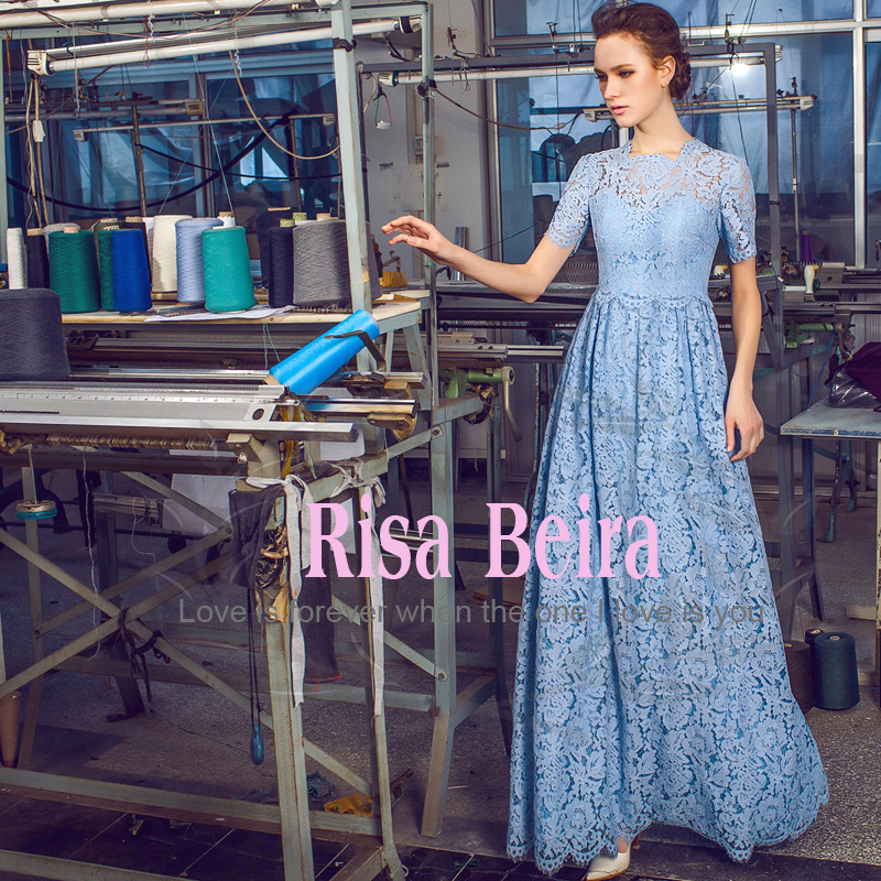 Risa瑞莎贝拉设计师原创实拍优雅甜美天蓝色蕾丝短袖修身礼服长裙