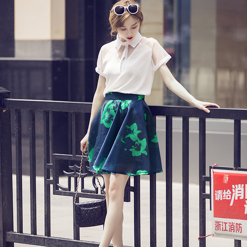 2015夏季韩版印花雪纺连衣裙夏蓬蓬裙中裙两件套套装裙名媛小香风