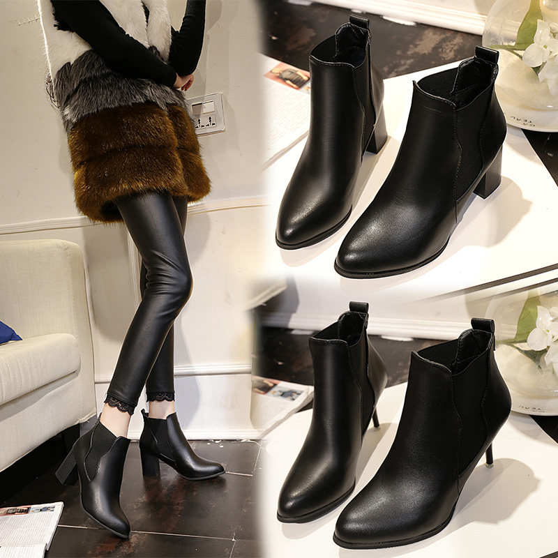 秋冬季女靴子靴子欧美英伦时尚短靴尖头 高跟鞋粗跟百搭防滑