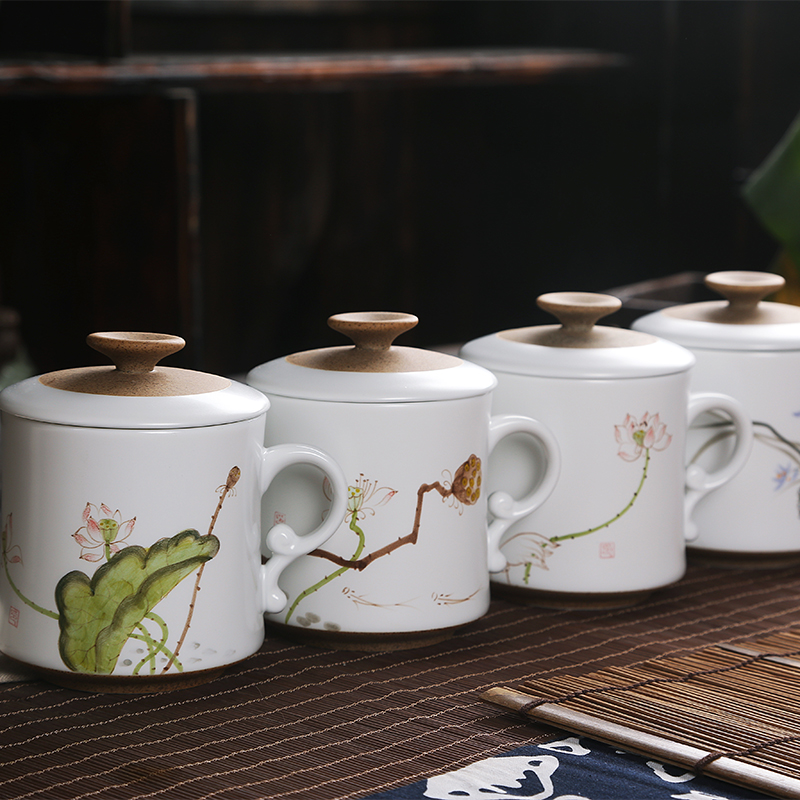 景德镇手绘陶瓷泡茶杯带盖过滤水杯办公茶具个人杯定窑古典杯包邮