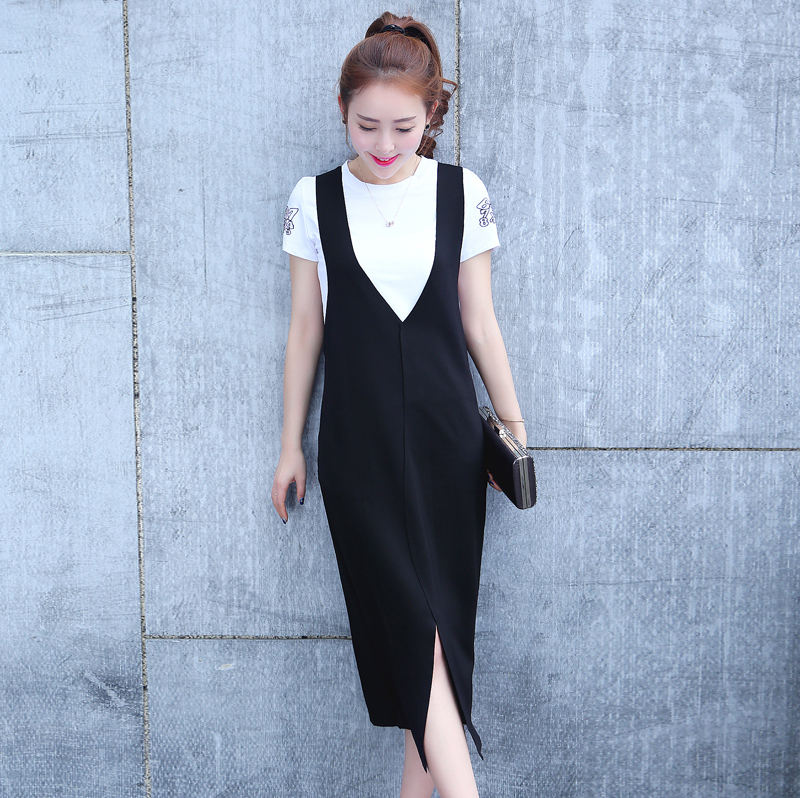 2015韩版背带修身开叉长裙两件套纯棉T恤吊带包臀连衣裙女套装夏