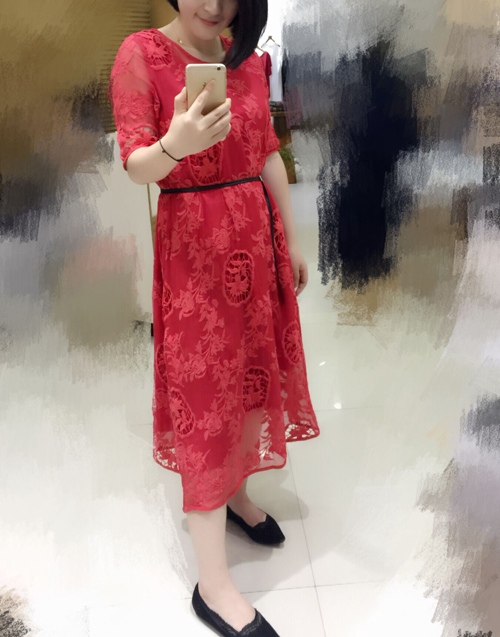 味道家-走秀款不规则两件套裙 真丝镂空内搭中国红麻裙女款连衣裙