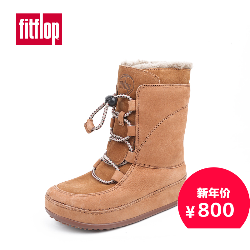 Fitflop英国潮牌 秋冬新款平跟中靴厚底英伦骑士靴绑带加绒女靴
