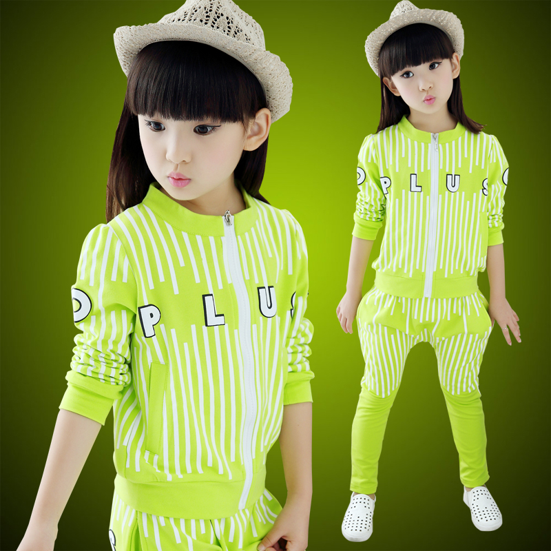 2015秋装新款韩版童装女童套装中大童女童长袖潮时尚运动条纹套装