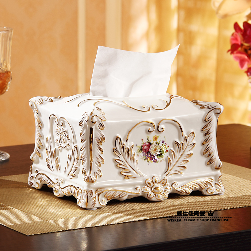 欧式奢华陶瓷描金纸巾盒装饰 时尚高档家居客厅餐桌摆件工艺品