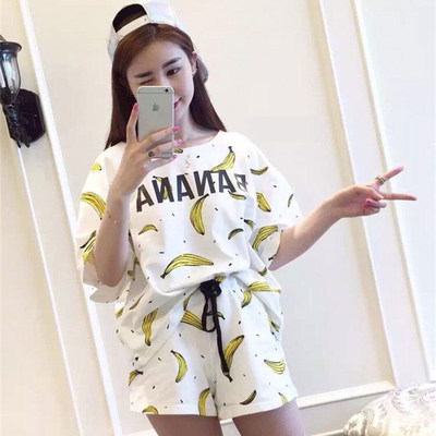 2016新款夏季韩版可爱少女休闲banana香蕉套装运动两件套上下装潮