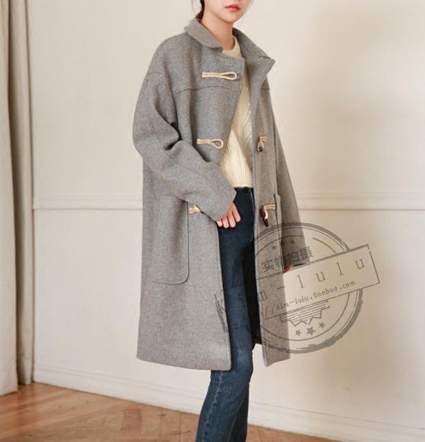 Kim韩国代购 冬季新款纯色学院休闲长款长袖羊毛呢子女装大衣外套