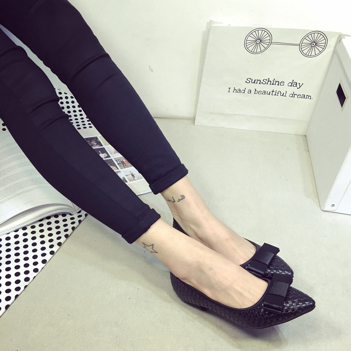 2015韩版新款蝴蝶结小跟单鞋细跟女尖头浅口低跟单鞋舒适上班鞋潮