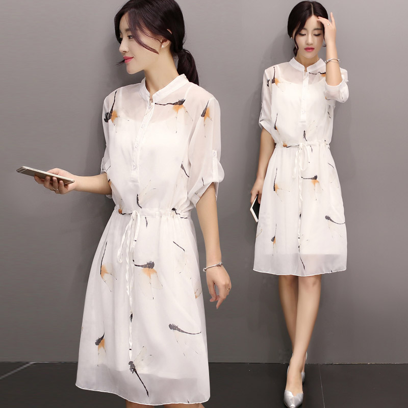 欧洲站2015新款夏装连衣裙中长款韩版修身显瘦气质长袖印花雪纺裙