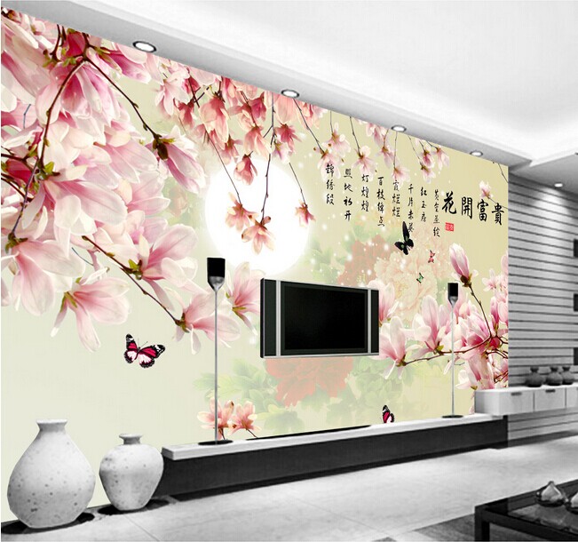 电视背景墙壁纸墙纸客厅卧室无纺布 3D大型壁画墙布中式花开富贵