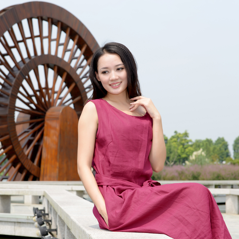 2014秋装女装新款韩版气质修身显瘦无袖亚麻袖连衣裙长