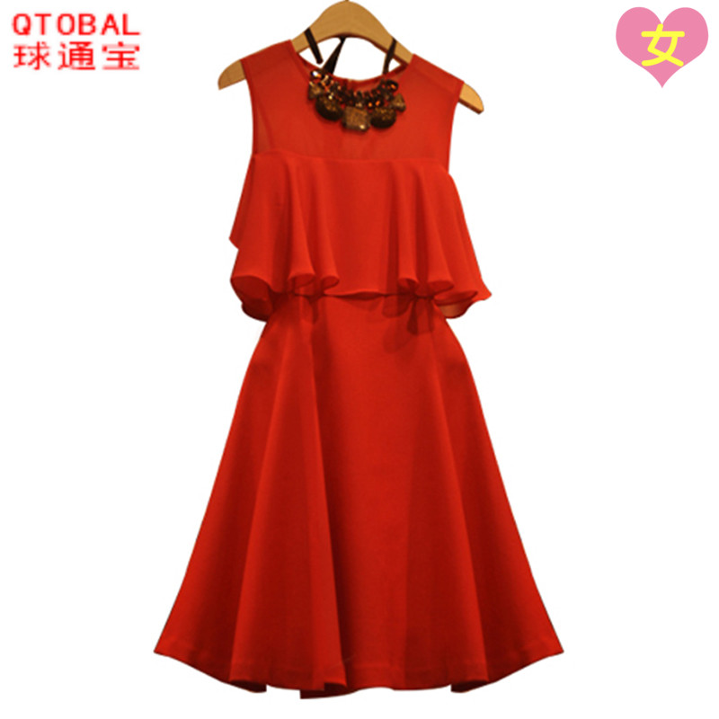 2015夏季新款 韩国东大门圆领无袖吊带裙 中腰修身大红雪纺连衣裙