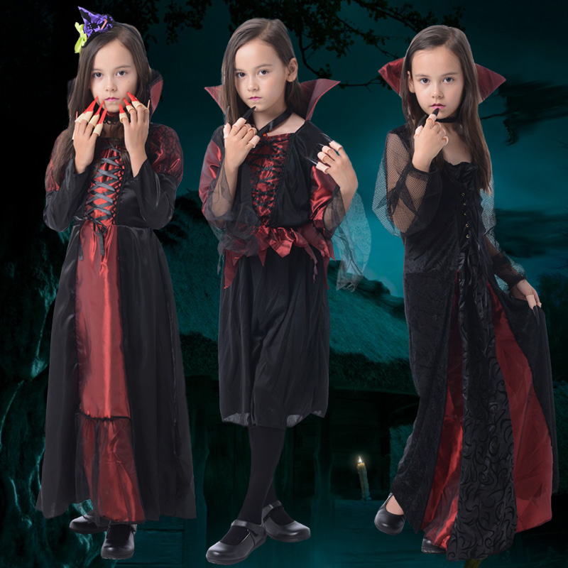 万圣节儿童服装巫婆cos儿童魔鬼长裙子立领女巫服 儿童女吸血鬼服