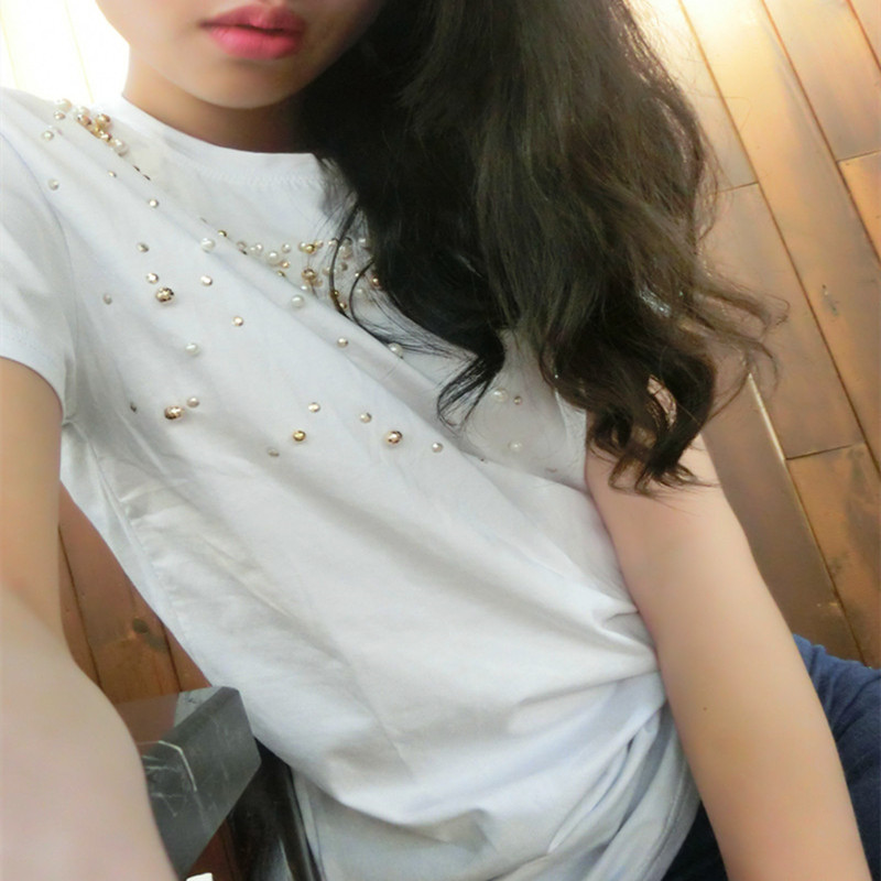 YOYO 2015夏装新款韩版圆领短袖珍珠镶钻宽松版欧美潮街拍女装T恤