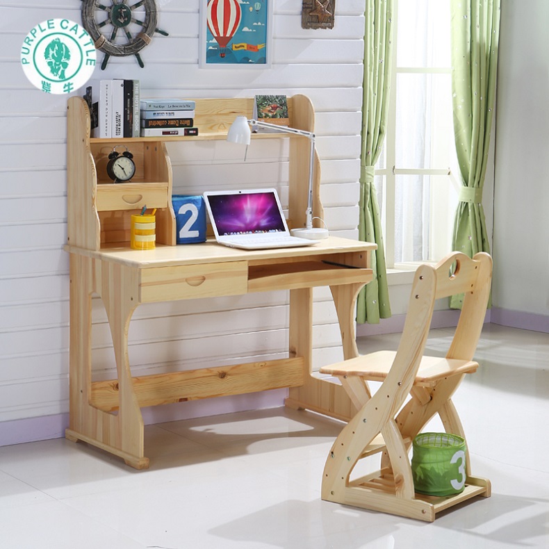 紫牛实木书桌实木电脑桌书柜学习桌家用 松木书桌书架组合写字台