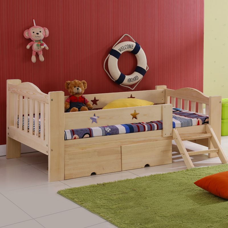 包邮实木儿童床小孩床松木床带护栏儿童家具男孩女孩单人床婴儿床