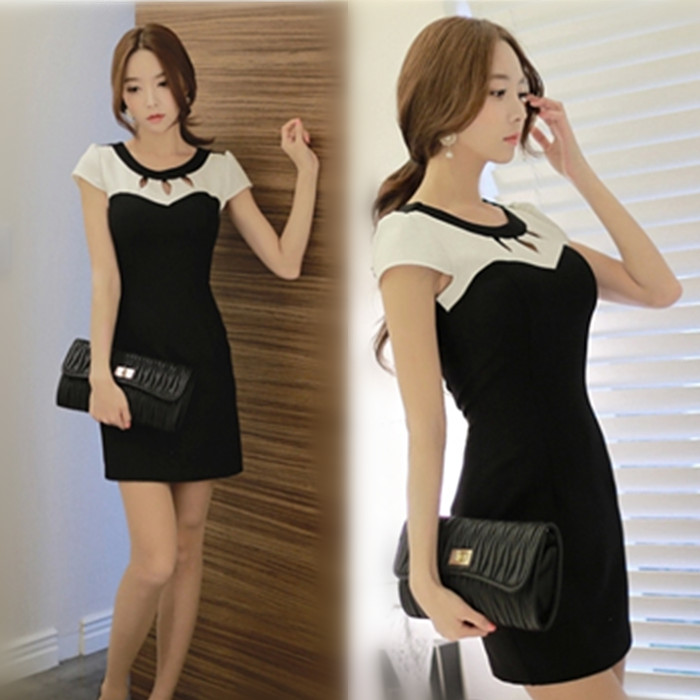 2015夏季新款韩版修身包臀A字裙时尚淑女装短袖OL气质黑白连衣裙