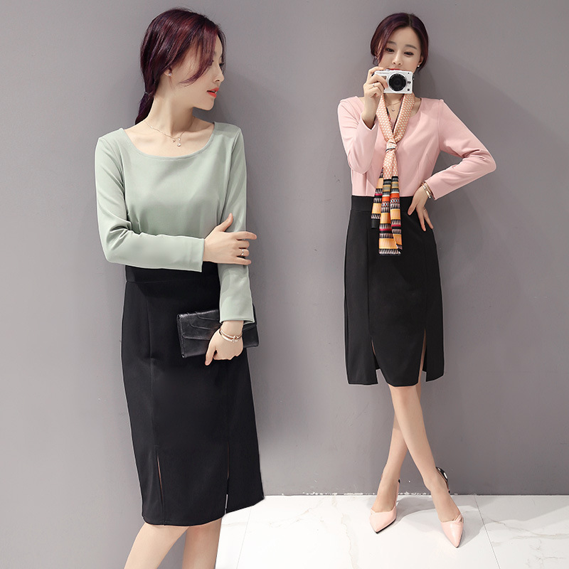 2016圆领韩版秋季纯色女装包邮长袖连衣裙修身新款一步裙中长裙