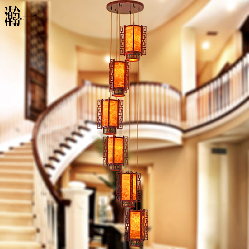 瀚一D9105 中式古典吊灯具 复式旋转楼梯灯实木雕刻仿羊皮灯饰
