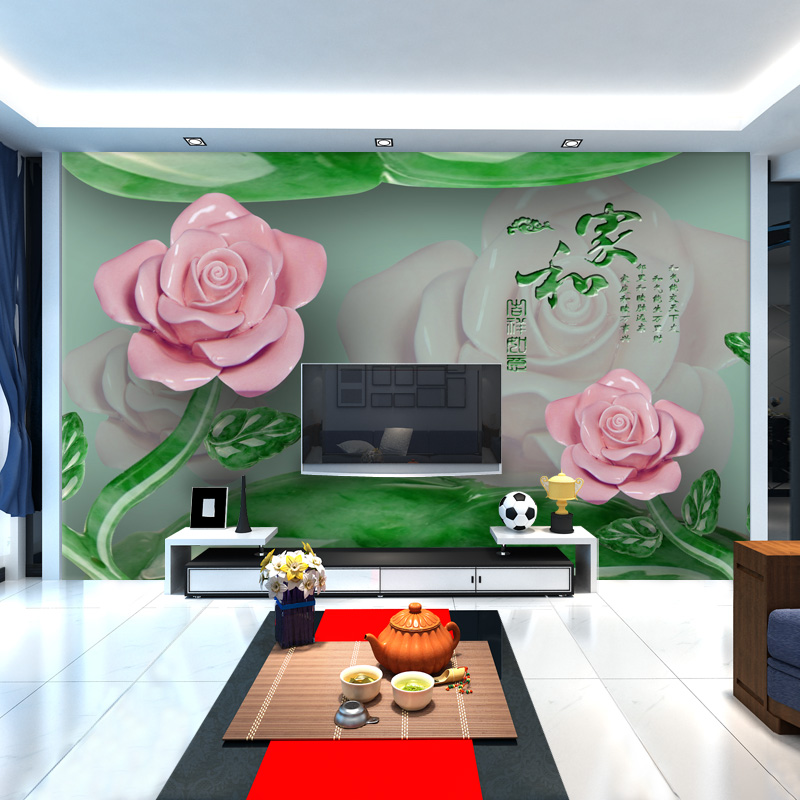 绿色玉雕玫瑰花壁画定制3D立体墙纸壁纸现代简约客厅玄关创意花朵
