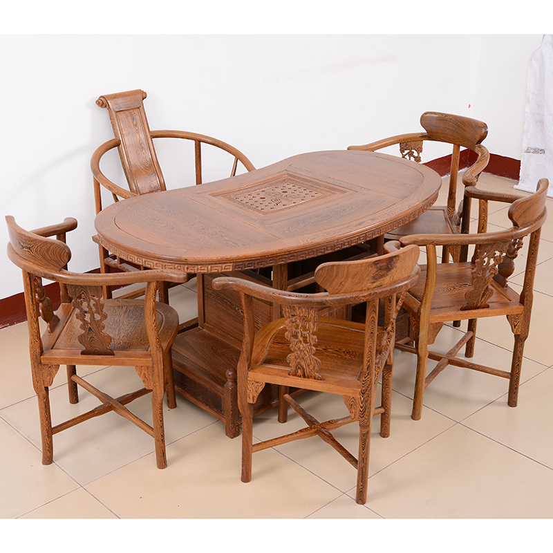 红木家具 鸡翅木腰型茶桌六件套 功夫茶桌椅组合茶艺桌子泡茶桌