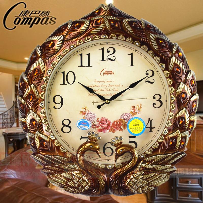 康巴丝孔雀镶钻大号钟表挂钟客厅欧式现代创意时钟静音石英钟表