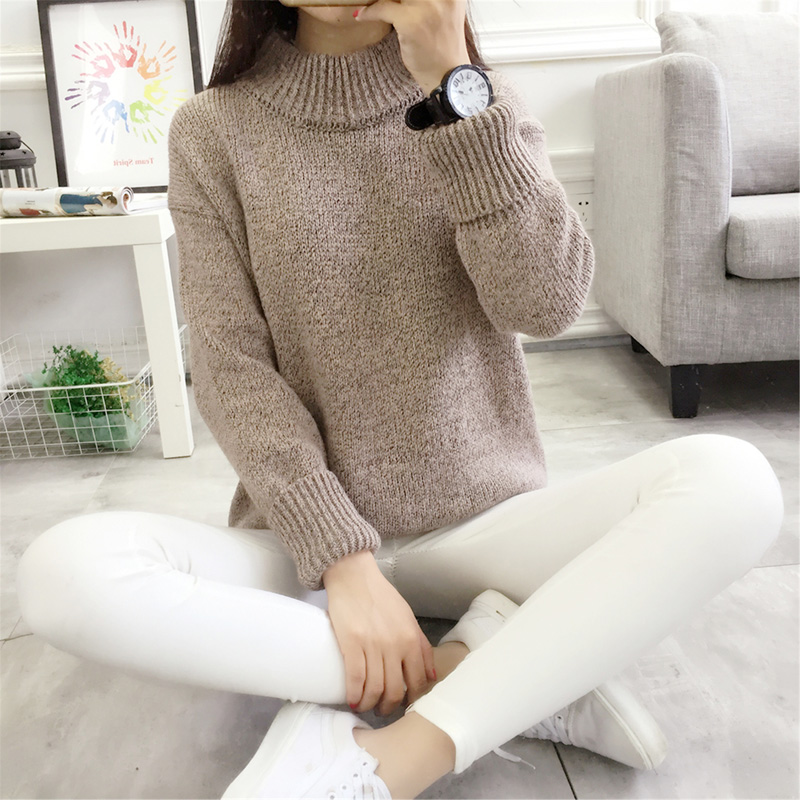 2016新款爆版韩版半高领纯色百搭套头加厚中长款毛衣