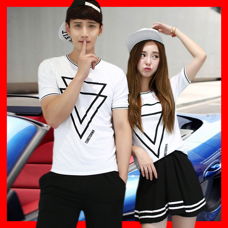情侣装夏装2015新款韩版大码修身男女三角形短袖T恤套装学生班服