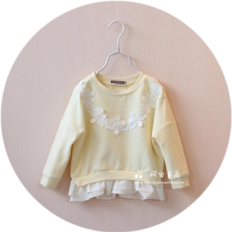 女童蝙蝠袖卫衣2015新款童装甜美花朵装饰长袖T恤衫儿童上衣短款