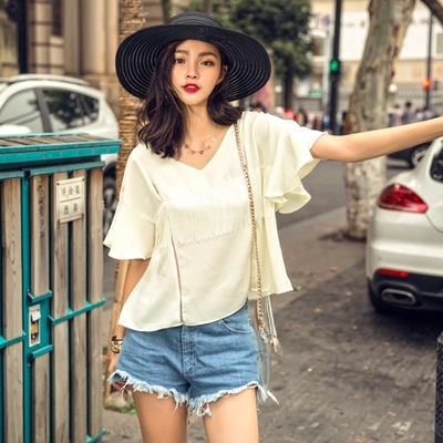 AUS原创2015夏新款 街头欧美气质荷叶袖套衫流苏T恤 白色显瘦上衣