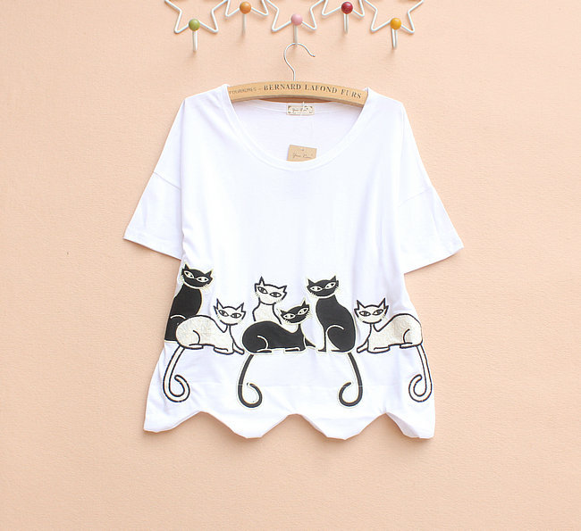 2015韩版新女士短袖t恤 女短款小清新夏装宽松大码上衣猫咪体恤潮