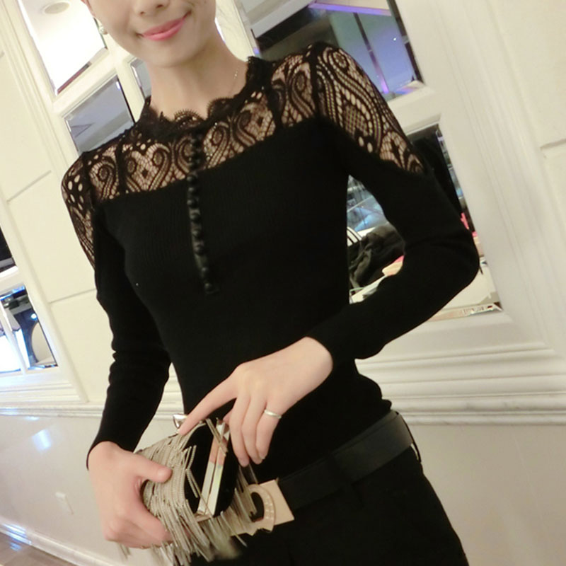 2015新款韩版女装蕾丝拼接性感长袖T恤修身显瘦潮范夜店打底衫