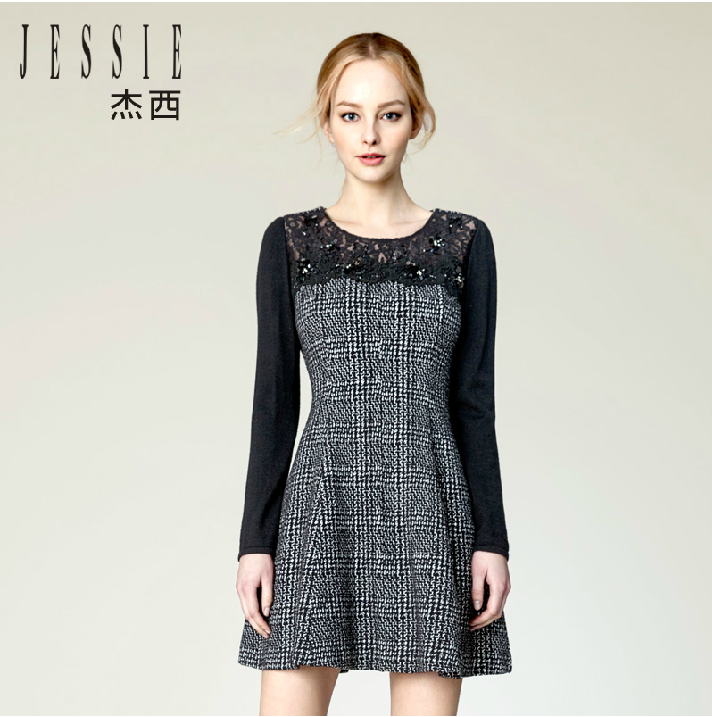 杰西JESSIE 2015秋款蕾丝拼接长袖连衣裙 原价2899元 JFFGL152