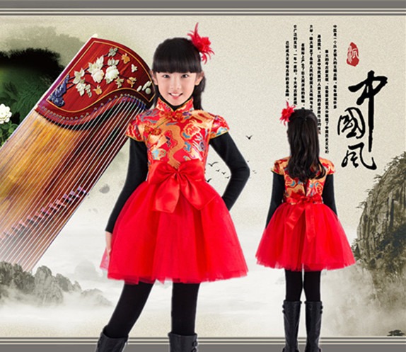 新年礼服中国风儿童唐装旗袍纱裙连衣裙女童古筝表演服装秋冬季