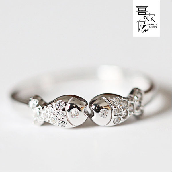 925纯银韩版个性锆石钻石双鱼开口戒可调节戒指银首饰品时尚礼物