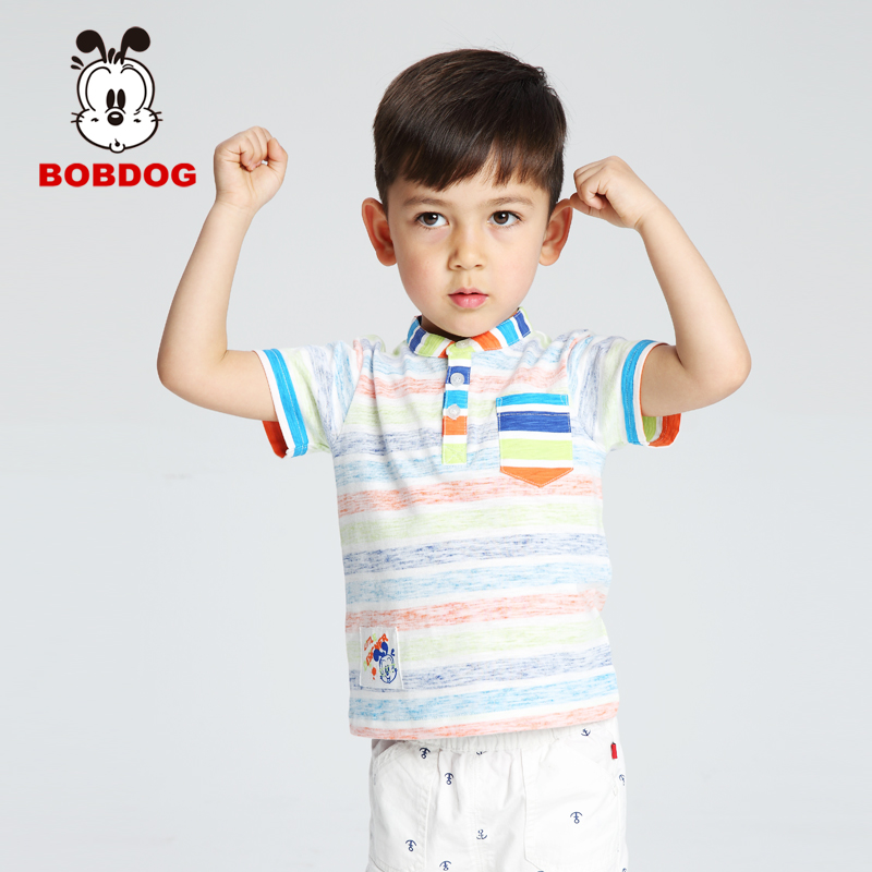 巴布豆2015夏季新品童装儿童t恤男童纯棉反面设计彩虹条纹t恤包邮