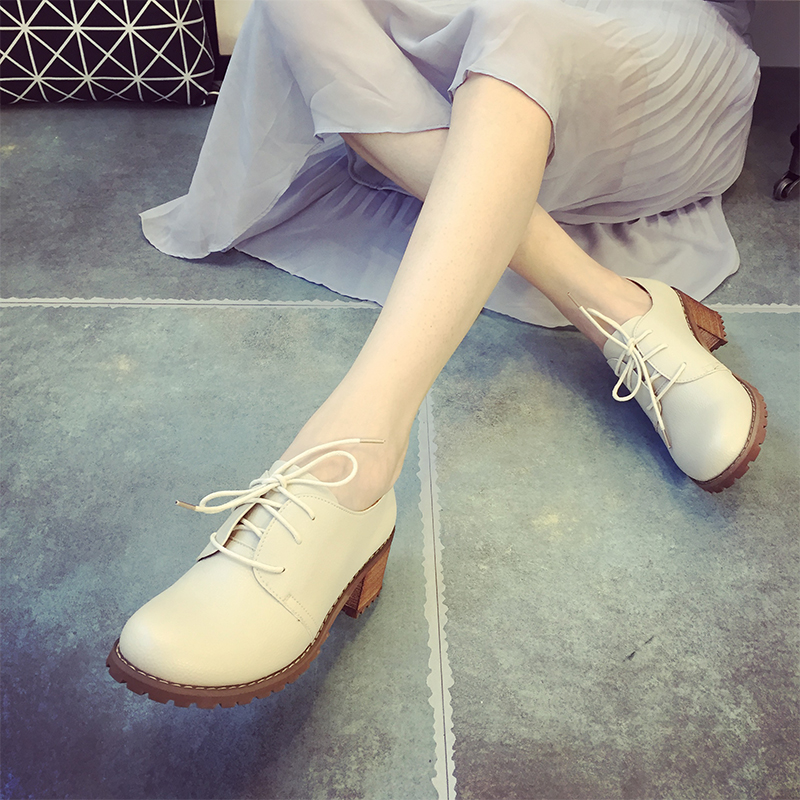 爆款2015秋季新款韩版简约单鞋女系带中跟粗跟牛筋底圆头深口女鞋