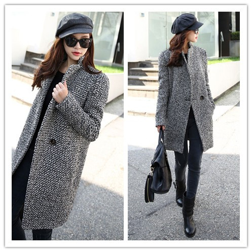 韩国代购2015秋冬装新款韩版修身毛呢外套女中长款羊毛呢子大衣