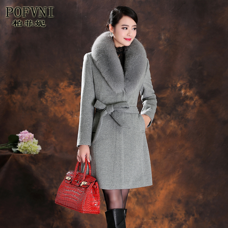 高端双面羊绒大衣女2015新韩版羊毛呢外套修身冬狐狸毛领中长款