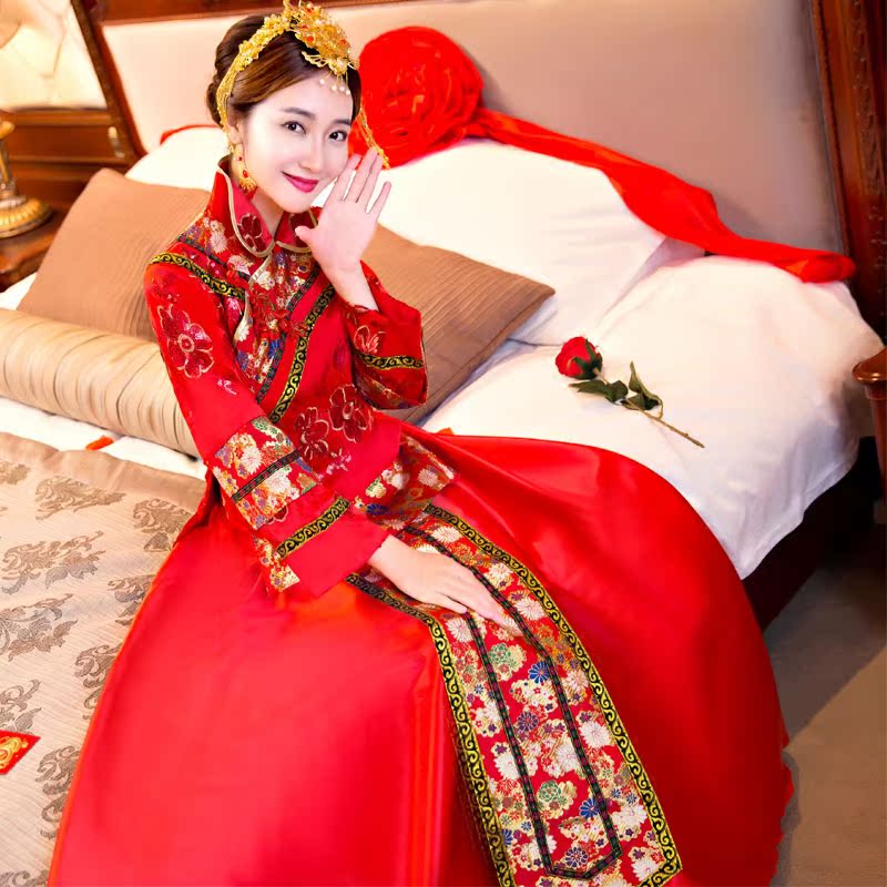 秀禾服新娘长袖礼服红色中式敬酒服结婚旗袍秀和服龙凤褂孕妇可穿