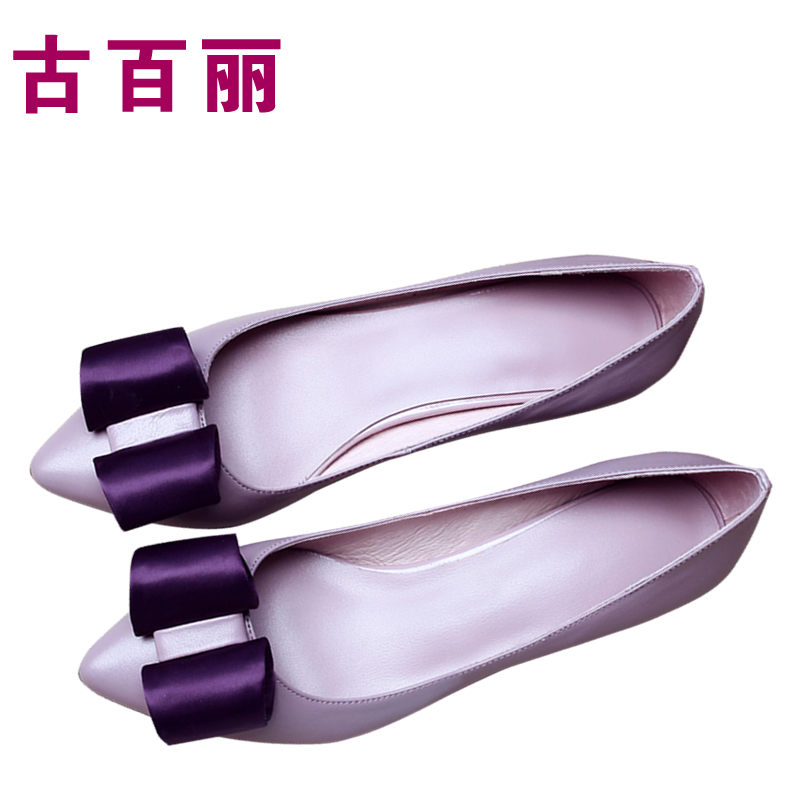 古百丽内外全皮 羊皮蝴蝶结中跟单鞋杏头舒适淡紫色韩版女工作鞋