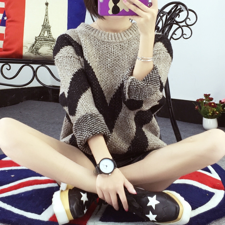妮轩贝娅2015韩版冬装新款宽松套头毛衣女保暖厚款圆领学生针织衫