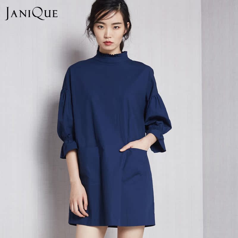 JANiQUE设计师原创2016春夏新款纯棉时尚小立领灯笼袖百搭连衣裙