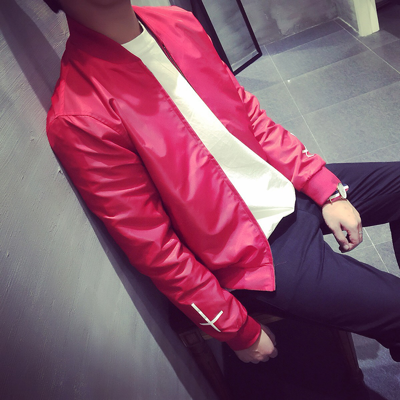 秋季潮男薄款夹克外套 青年休闲红黑纯色韩版修身立领长袖开衫