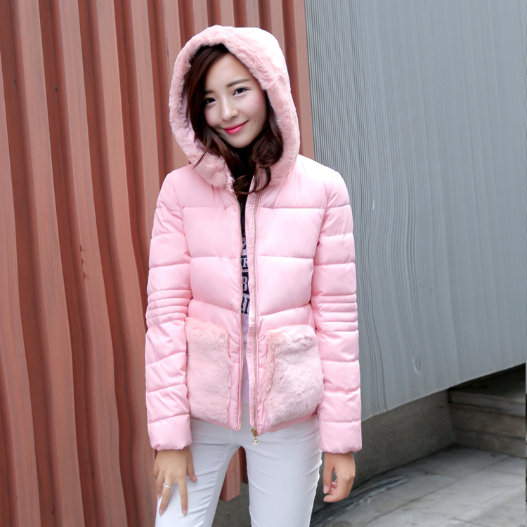 实拍2015冬季韩版新款兔毛口袋短款时尚羽绒棉服 593